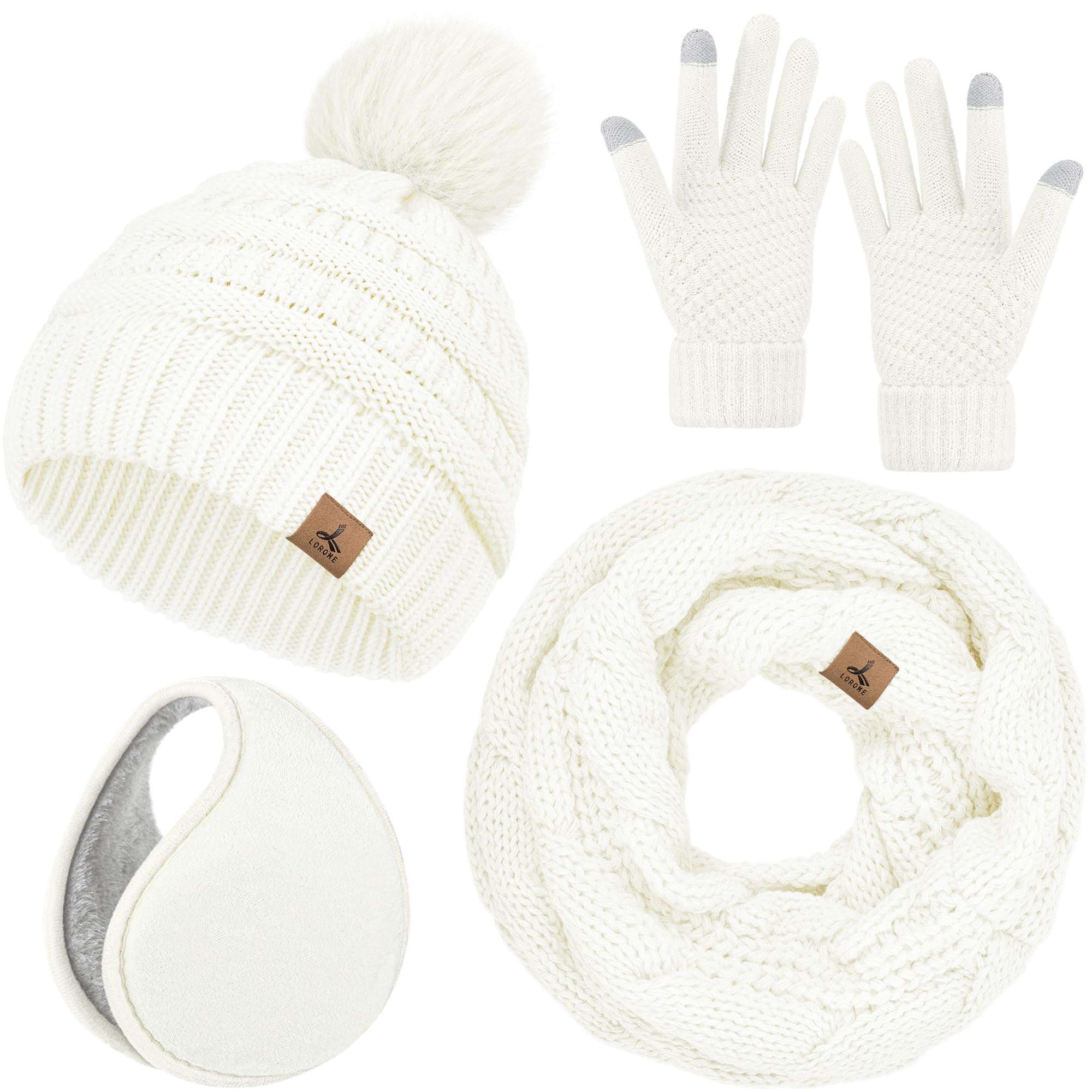 Winter Hat Scarf Gloves and Ear Warmer, Warm Knit Beanie Hat Touch Screen Gloves Set Winter Gifts Neck Scarves for Women